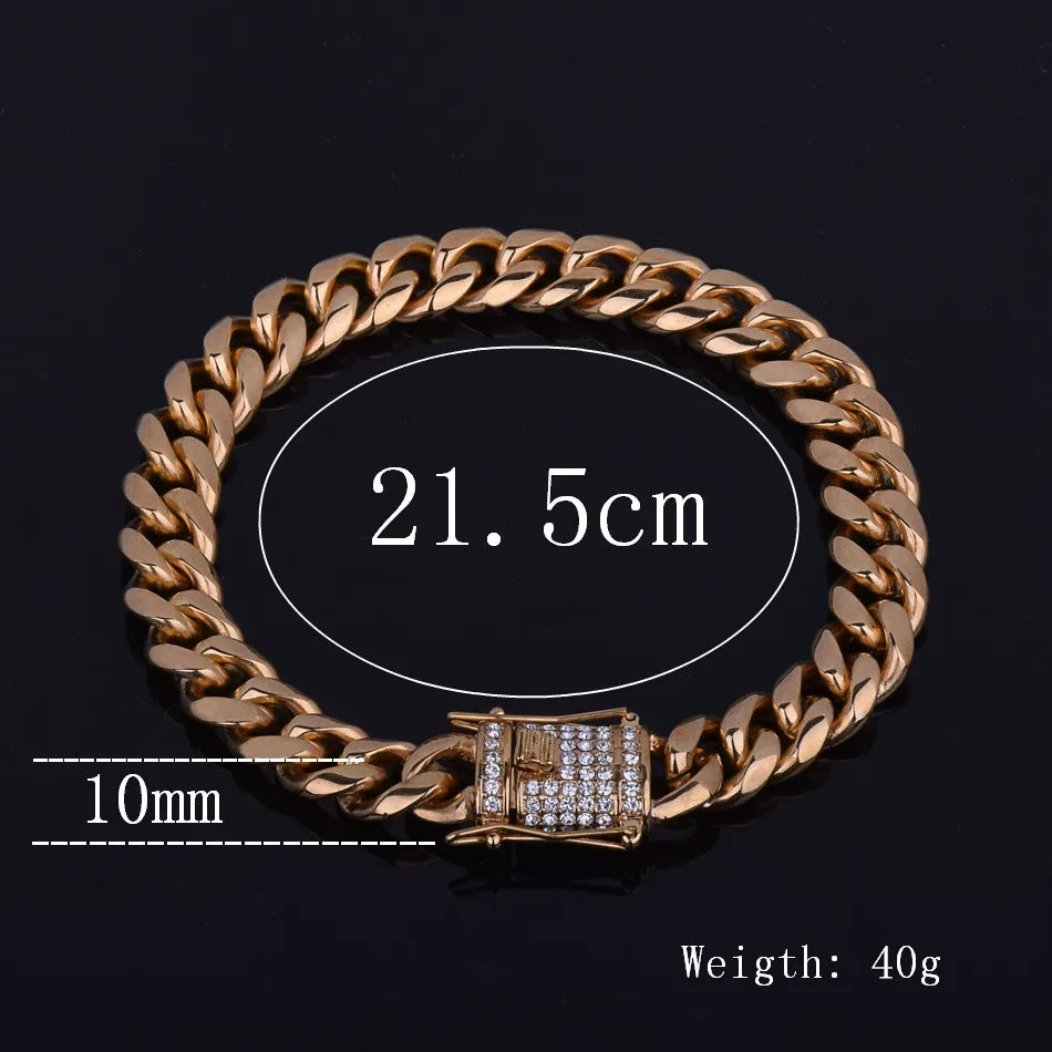 Bubble Letter Men's Stainless Steel Cuban Miami Link Bracelet Iced Rhinestone Clasp Gold Color Hip hop Bracelet Chain 21.5CM