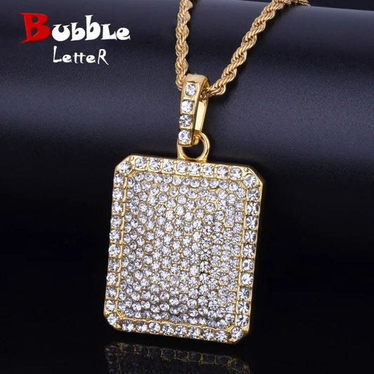 Bubble Letter Men Pendant Full Iced Rhinestone Gold Color Charm Square Dog Tag Necklace With Cuban Chain Hip Hop Jewelry