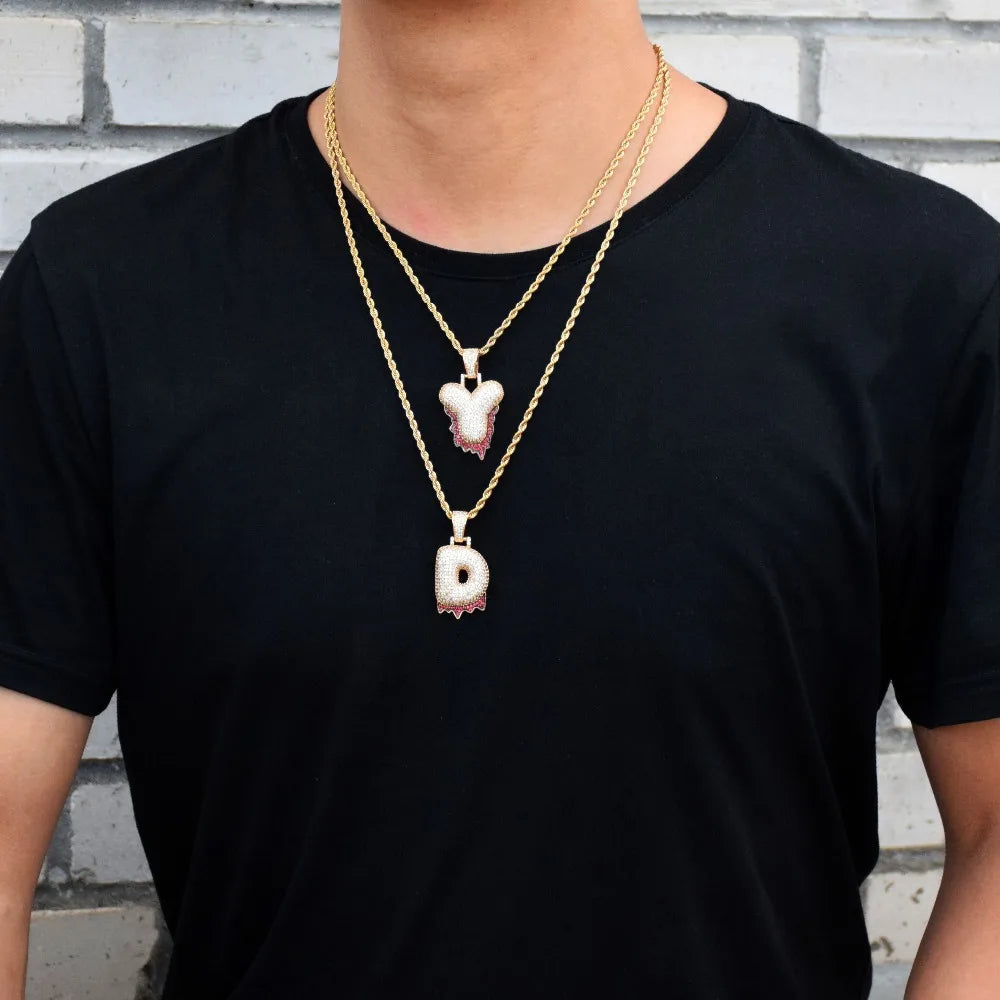 Single Red Color Dripping Bubble Letters Necklaces & Pendant For Men Women Gold Color Cubic Zircon Hip Hop Jewelry