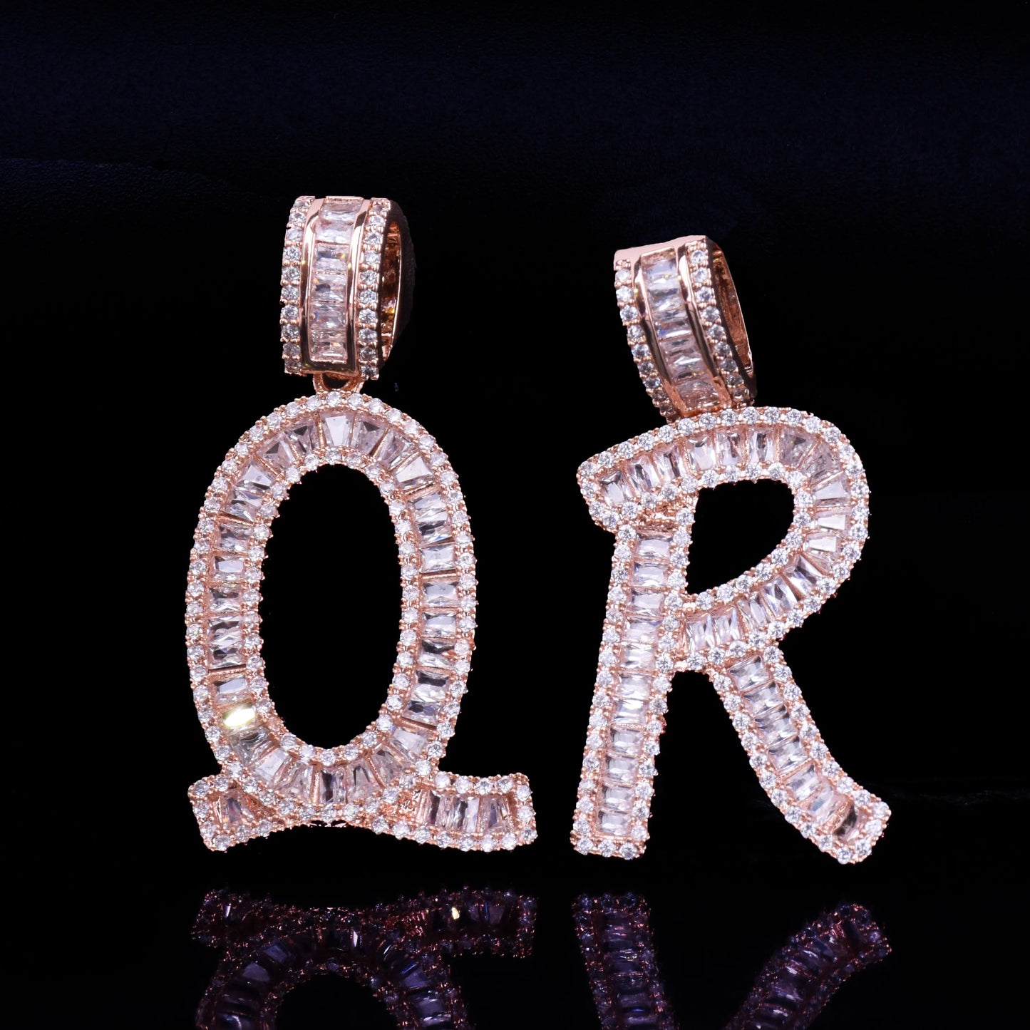 A-Z Gold Color Baguette Initials Letters Hip Hop Pendant Bling Zirconia Men's Women Necklace Chain Rock Jewelry