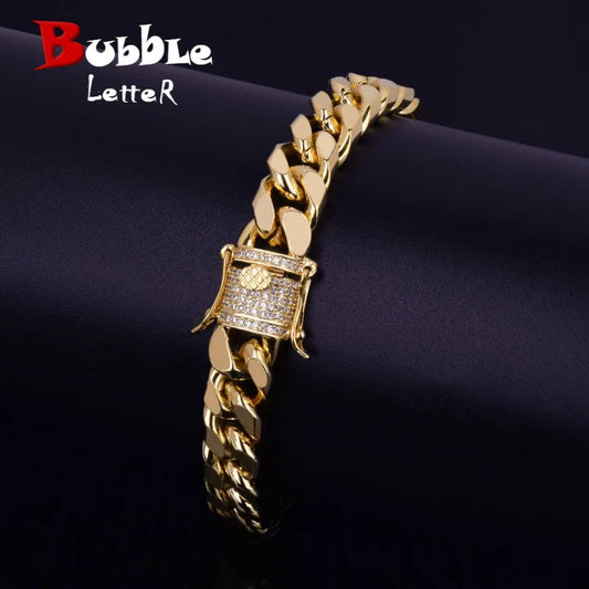 11mm Iced Zircon Cuban Chain Bracelet Men's Hip Hop Jewelry Copper Material Gold Color CZ Clasp Cuban Bracelet Link 8"