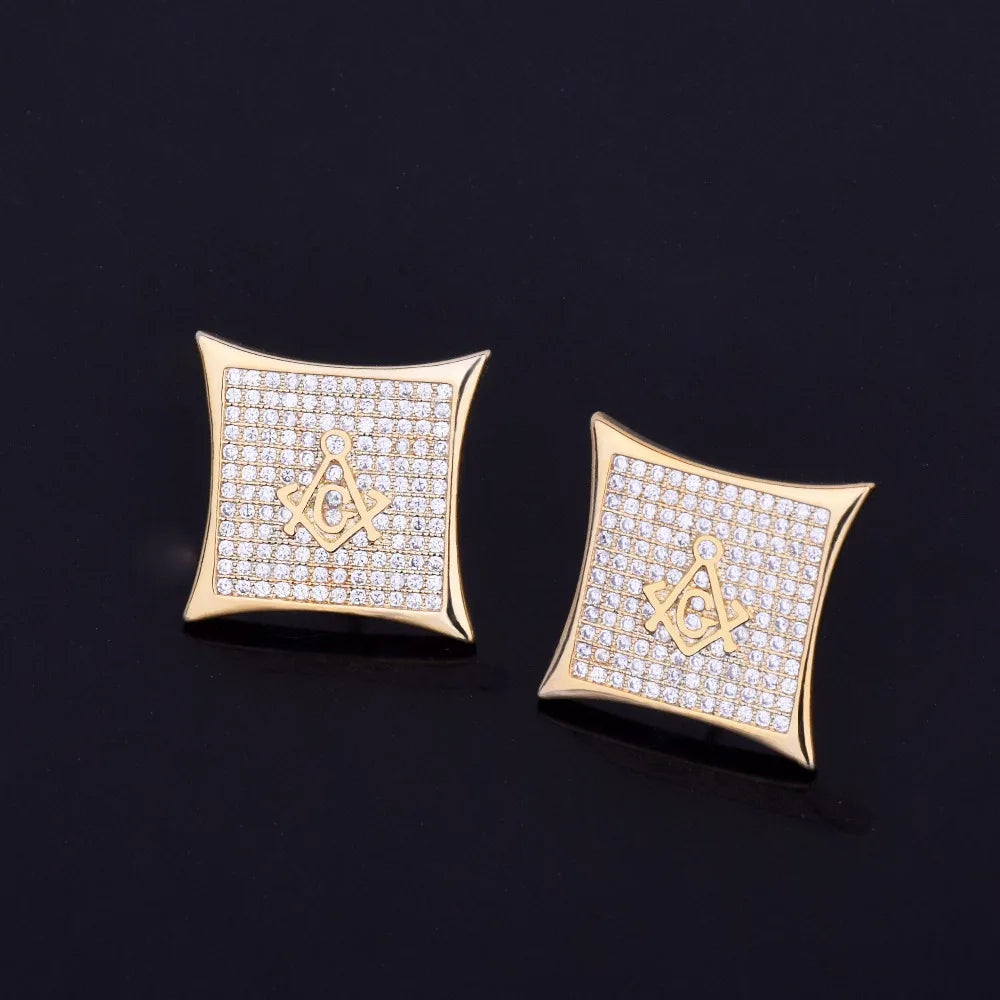 Iced Square Masonic Freemasonry Stud Earring Gold Color Cubic Zircon Earrings For Men Hip Hop Jewelry For Gift 15mm