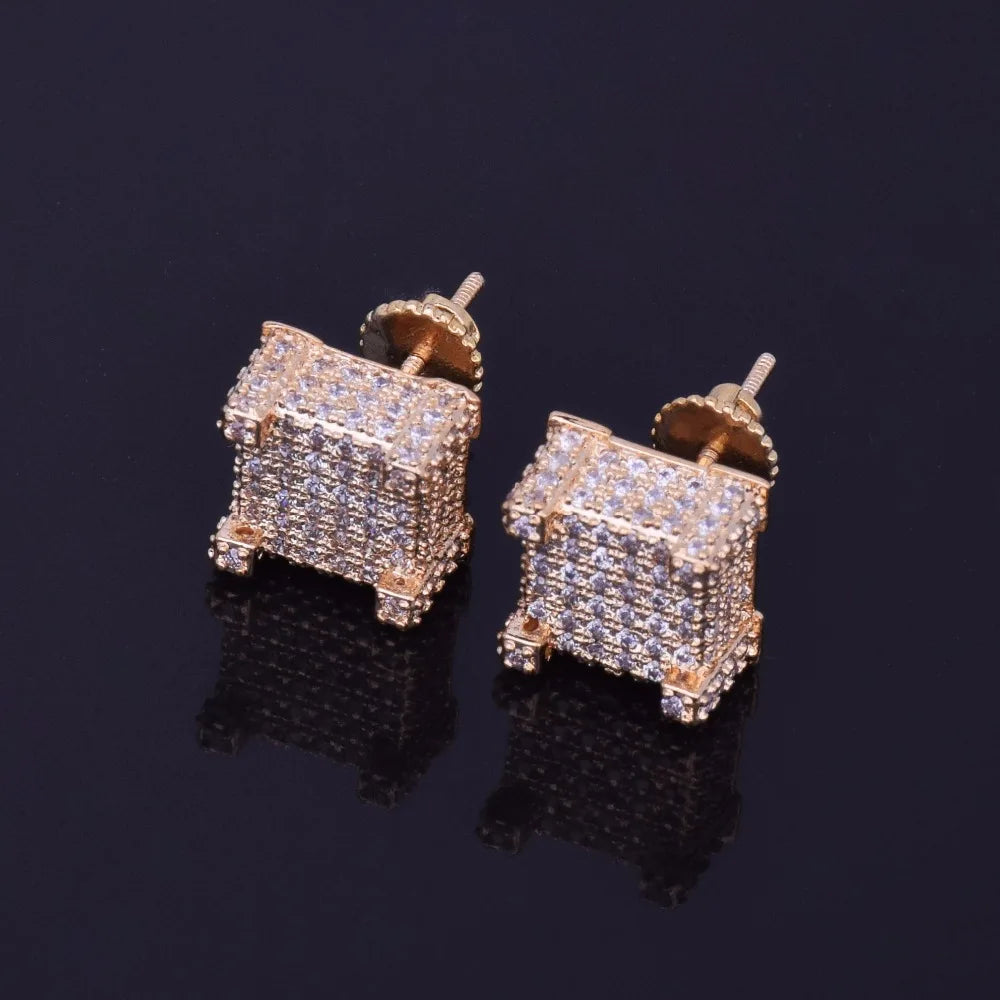 10x10mm Mens Zircon Earring Hip hop style Copper Material Iced Bling CZ Square Stud Earrings Screw-back Fashion Jewelry