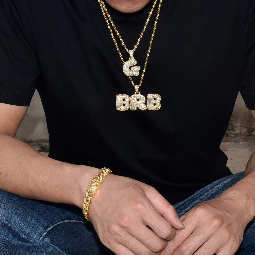 Bubble Letter Custom Name Necklaces for Men Personalized Pendant Zircon Hip Hop Jewelry Iced Out Real Gold Plated Charms