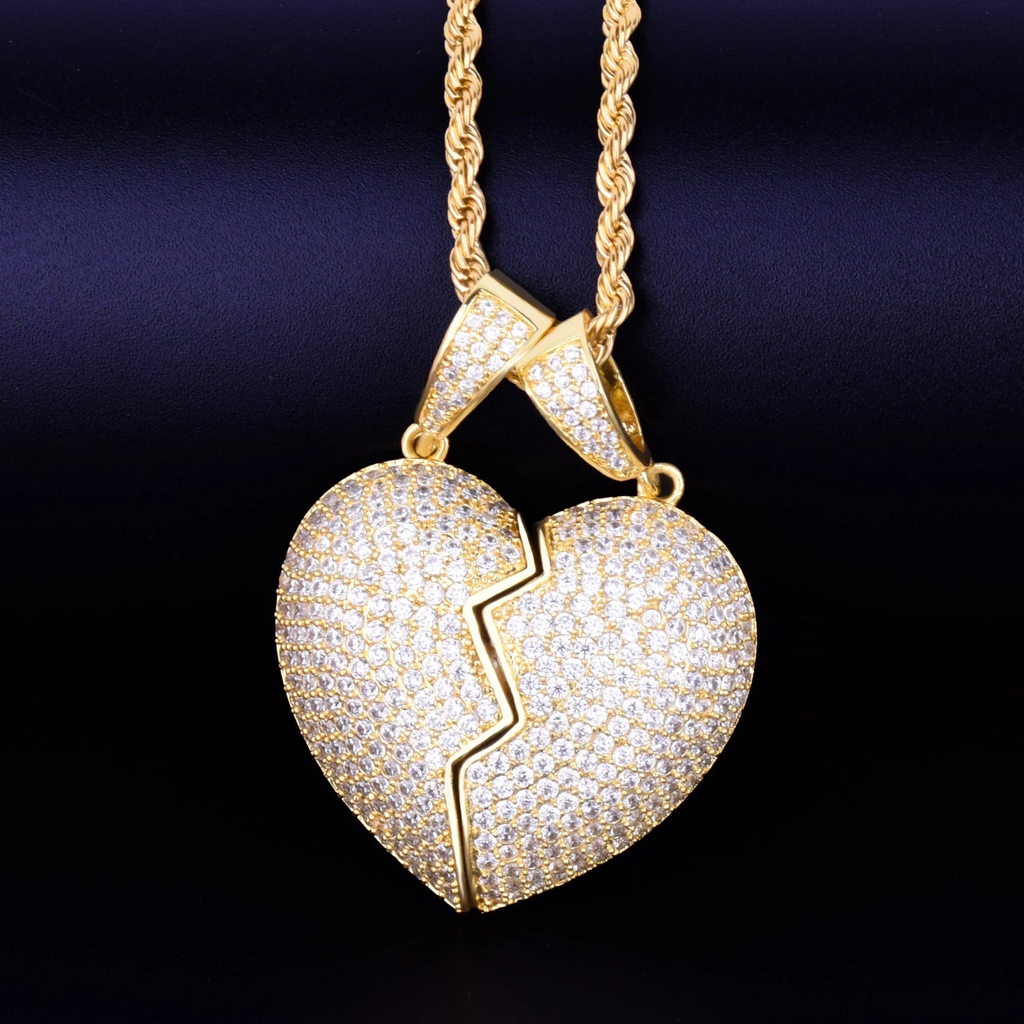 Couple Heart Pendant Necklace Gold Color Plated AAA Cubic Zircon Men's Hip Hop Rock Jewelry