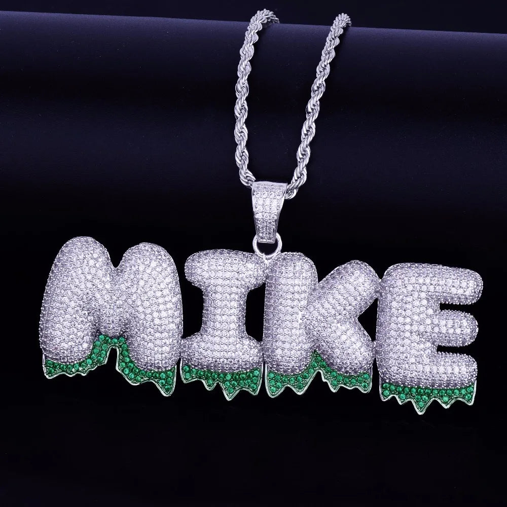 Custom Name Green Color Drip Bubble Letters Pendants Necklaces Men's Zircon Hip Hop Jewelry With 4MM Tennis Chain For Gift