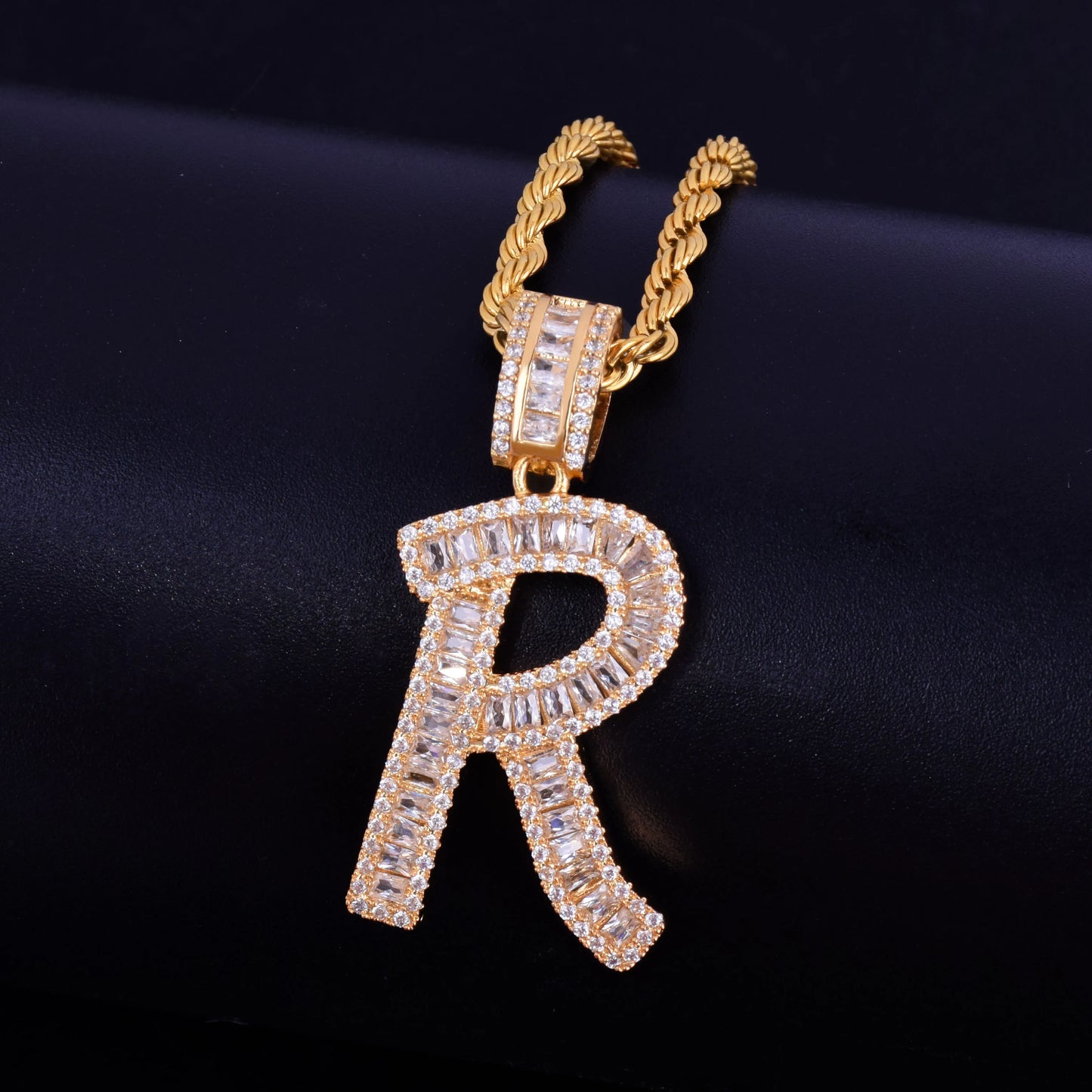 A-Z Gold Color Baguette Initials Letters Hip Hop Pendant Bling Zirconia Men's Women Necklace Chain Rock Jewelry