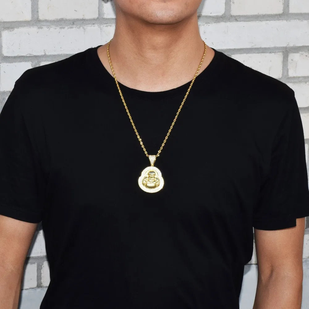 Religious Buddha Pendant Necklace Charms Gold Color Cubic Zircon Men's Hip Hop Jewelry