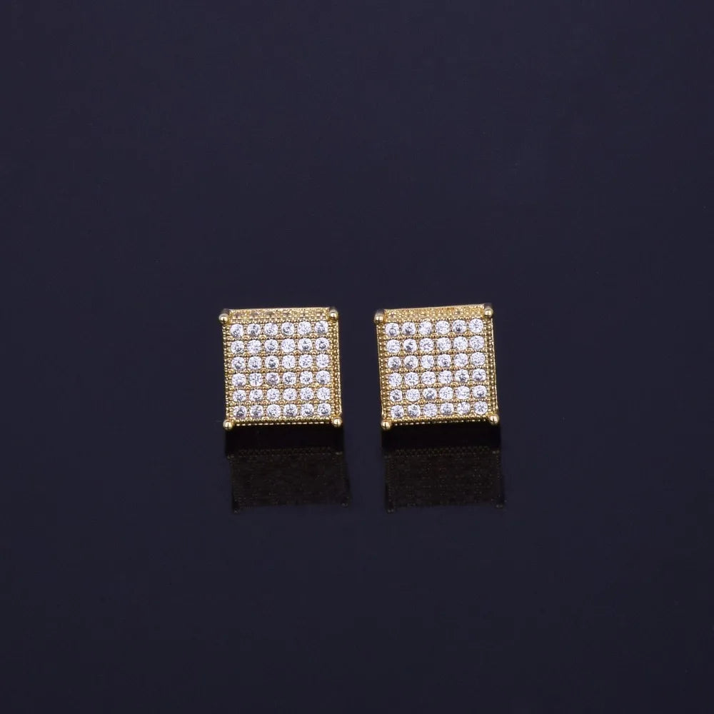 Micro Pave Cubic Zircon Earring Gold Color Hip hop Jewelry Copper Iced AAA CZ Square Stud Earrings Push-back 12x12mm Street Rock