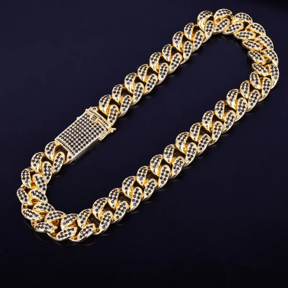 Finish Men's 20mm Heavy Black Zircon Miami Cuban Link Necklace Choker Bling Bling Hip hop Jewelry Gold Color Chain 16" 18" 20"