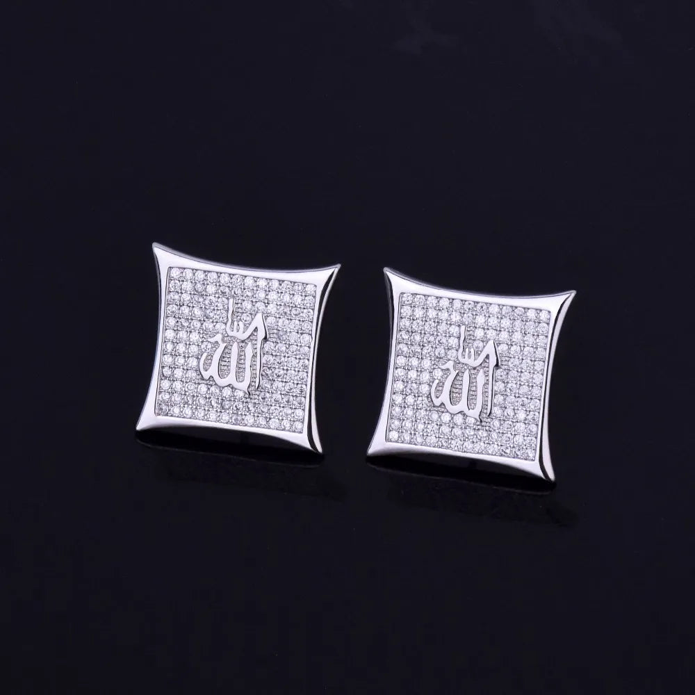 Religious Allah Gold Color Arabic Earrings Iced Cubic Zirconia Stud Earring Men's Hip Hop Jewelry For Friend Gift 15mm