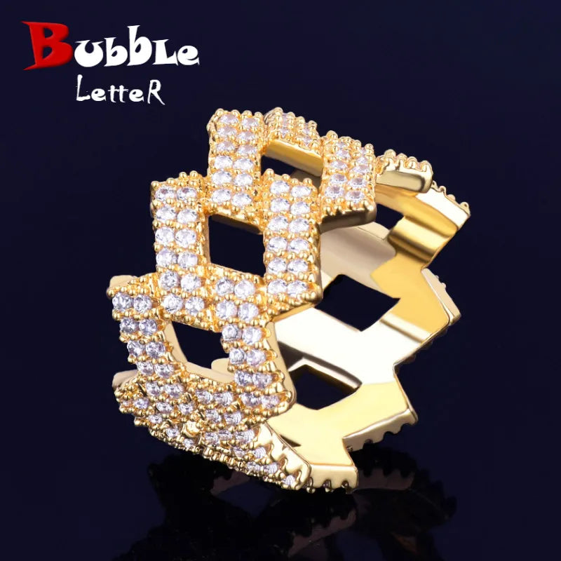 Bubble Letter Miami Cuban Link Rings for Men Gold Color Iced Out Full Zircon Hip Hop Rock Jewelry 2022 Trend