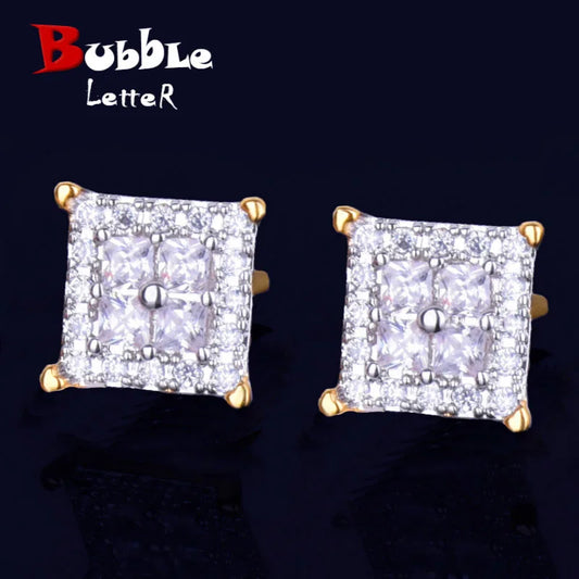 12MM Square Baguette Zircon Stud Earring Silver Color Charm Screw Back Women Men's Earrings Fashion Hip Hop Jewelry