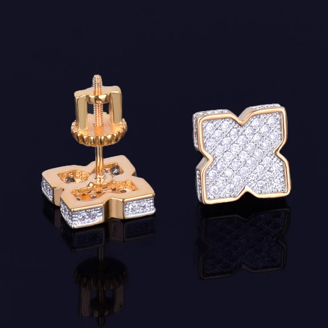 9MM Flower shape Men's Women Stud Earring Gold Color Charm Full Cubic Zircon Screw Back Earrings Fashion Hip Hop Jewelry