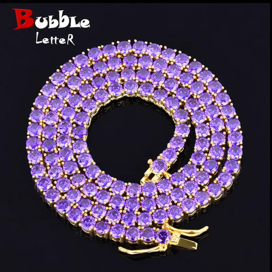 Bubble Letter Purple Tennis Chain Men Necklace Hip Hop Jewelry Real Copper Material Gold Plated 2021 Trend