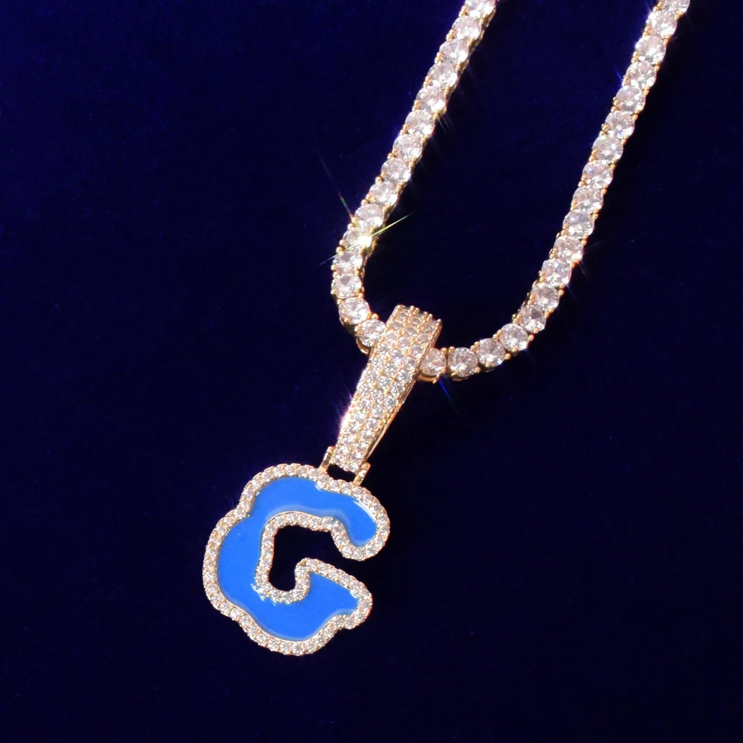 Solid Back Single Blue oil Letters Pendant With Tennis Chain Necklaces For Men Women  AAAA Cubic Zircon Hip Hop Jewelry