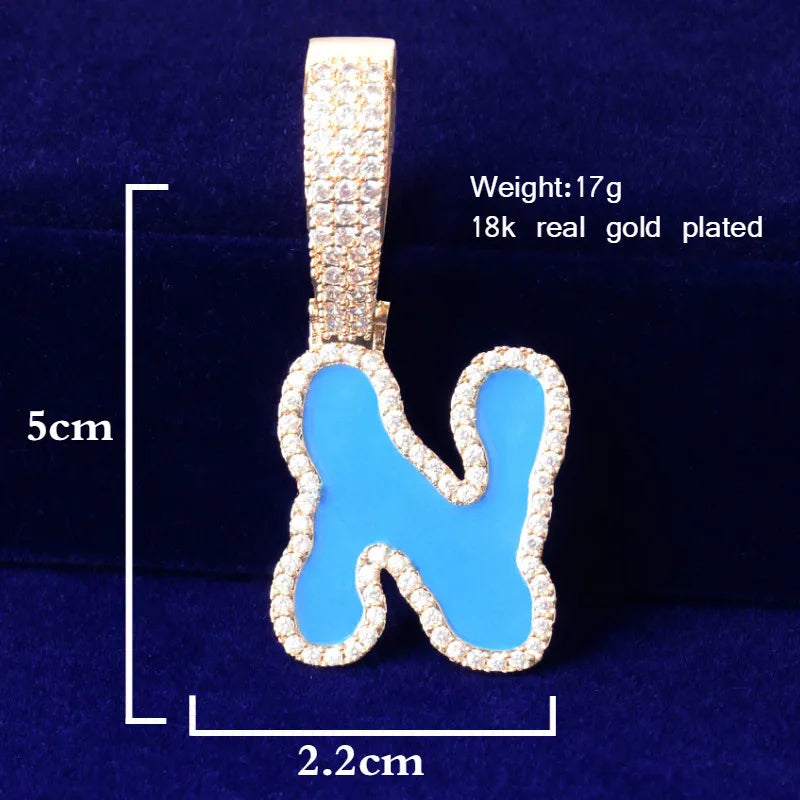 Solid Back Single Blue oil Letters Pendant With Tennis Chain Necklaces For Men Women  AAAA Cubic Zircon Hip Hop Jewelry