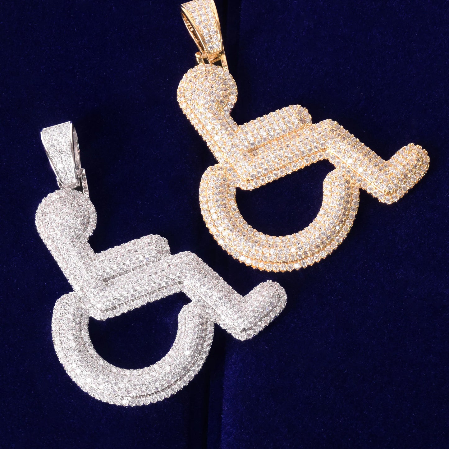 Bubble Letter Wheelchair Handicap Sign Pendant Necklace Gold Color Charm Bling Cubic Zircon Men's Hip hop Rock Jewelry