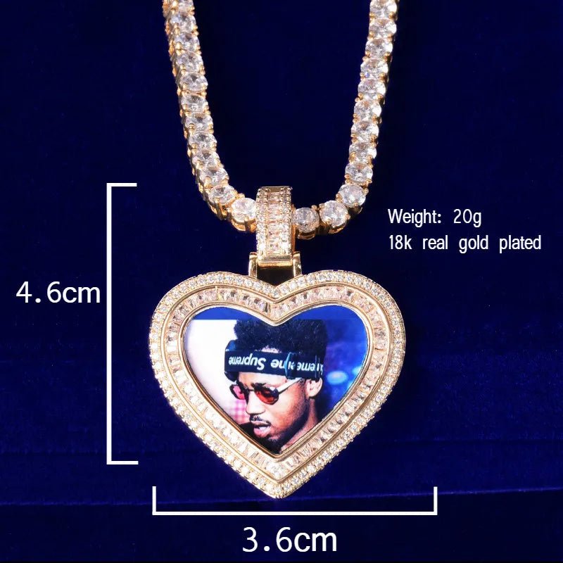 Bubble Letter Custom Photo Necklace for Men Picture Pendant Heart Baguette Charms Solid Back Micro Pave Hip Hop Jewelry