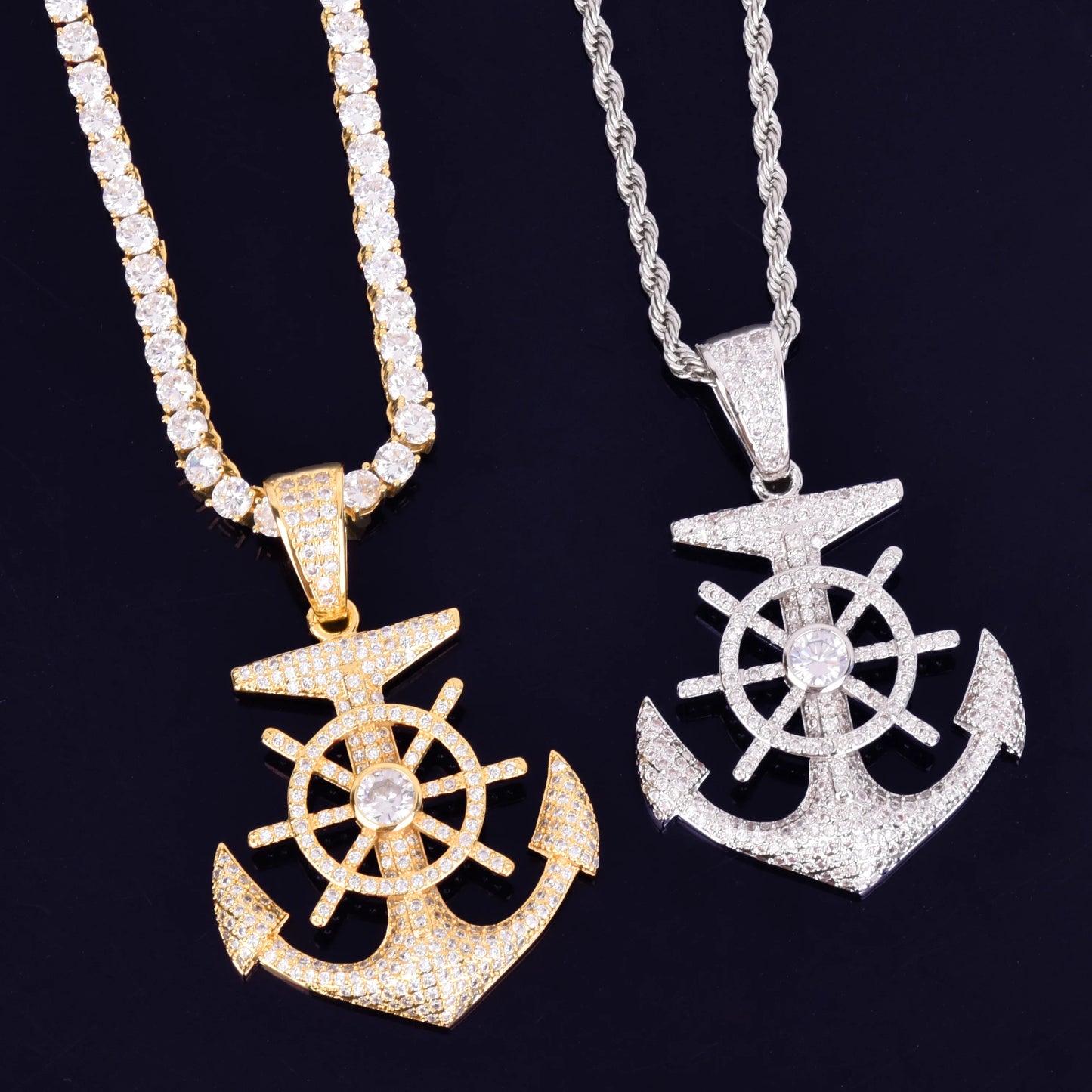 Anchor Shape Pendant Necklace Cubic Zircon Men's Hip Hop Rock Jewelry