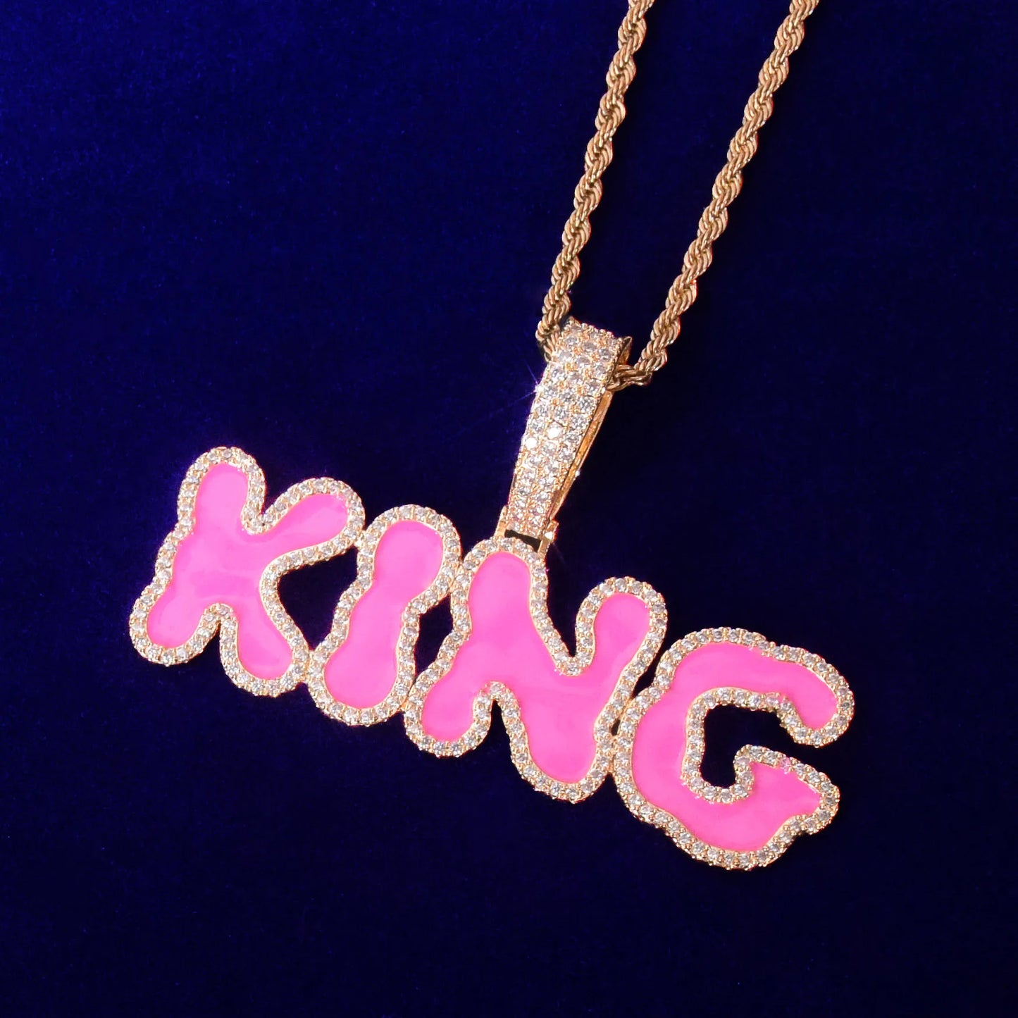 Solid Back Custom Name Pink Oil Bubble Letters Pendant Necklaces For Men Women Bling Cubic Zircon Hip Hop Rokas Jewelry