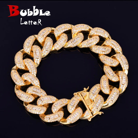 22mm Baguette Zircon Miami Cuban Link Bracelet Iced Out Men Hip Hop Street Rock Jewelry Gold Color Chain 7" 8"