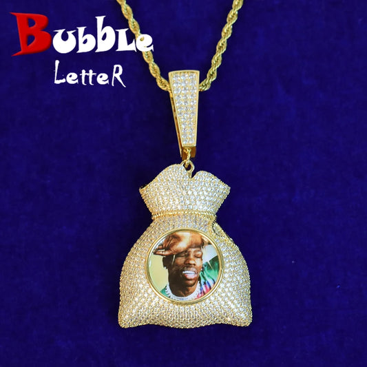 Bubble Letter Custom Photo Medallion Picture Pendant Necklace for Men Real Money Bag Charms Gold Plated Hip Hop Jewelry