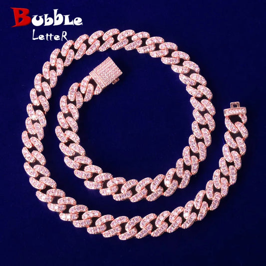 Bubble Letter Miami Cuban Link for Men Necklace Bling AAAA Pink Zircon Charms Hip Hop Fashion Jewelry