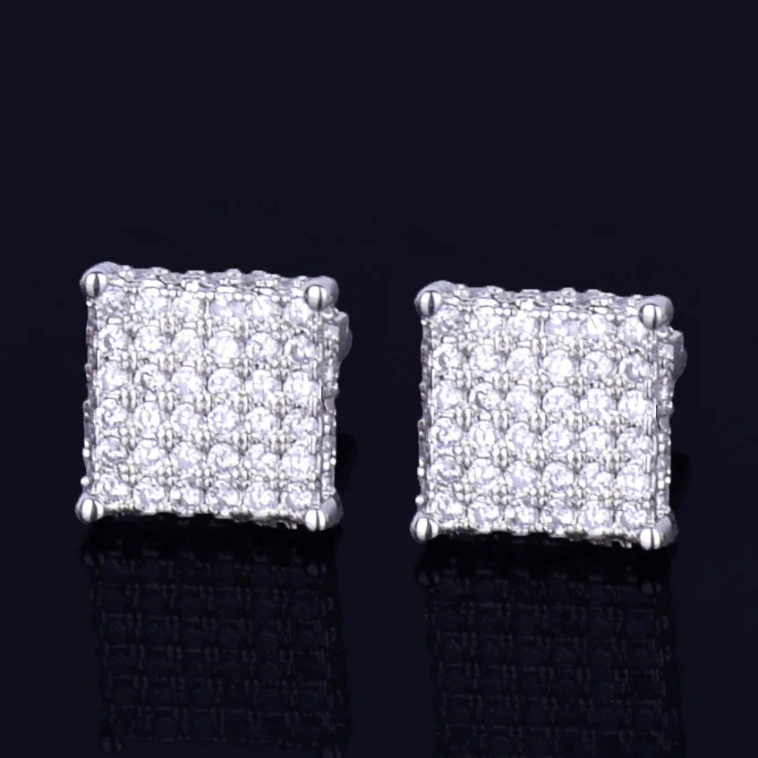 8MM Small Stud Earring Square Charm Screw Back Full Zircon Men's Women Silver Color Fashion Hip Hop Jewelry