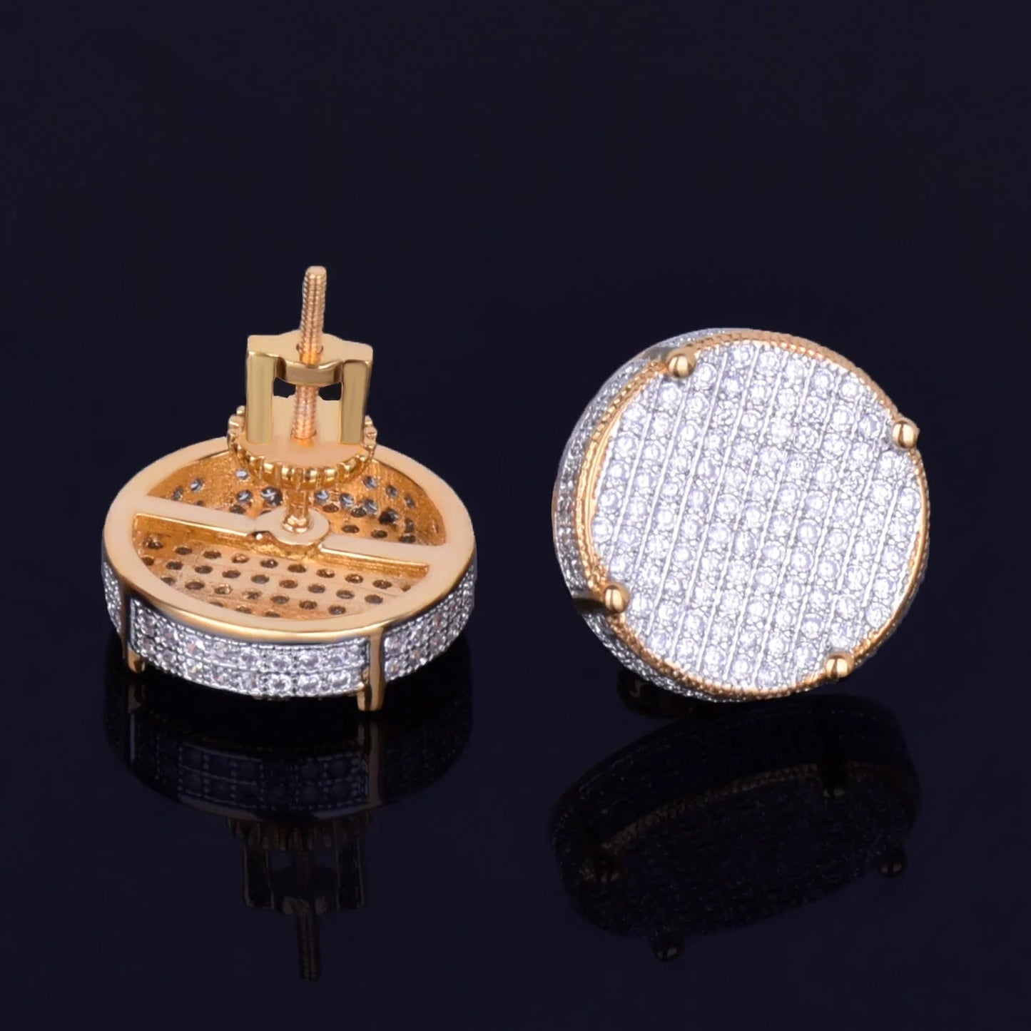 14MM Gold Color Big Round Stud Earring AAAA Cubic Zircon Screw Back Men's Earrings Fashion Hip Hop Jewelry