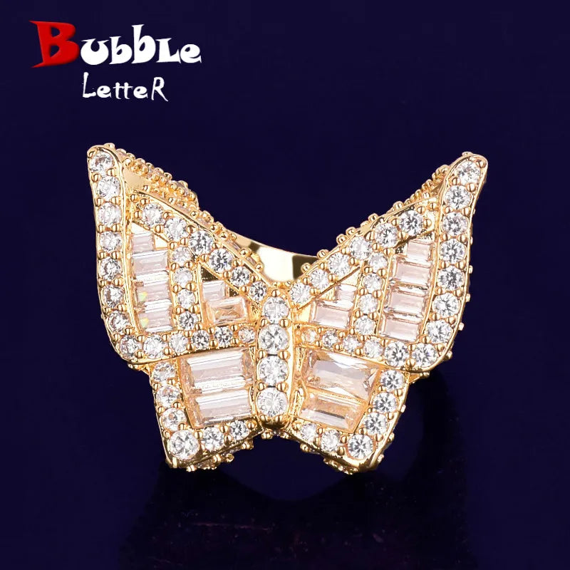 Bubble Letter Butterfly Rings for Women Iced Out Real Gold Plated Hip Hop Jewelry 2022 Trend