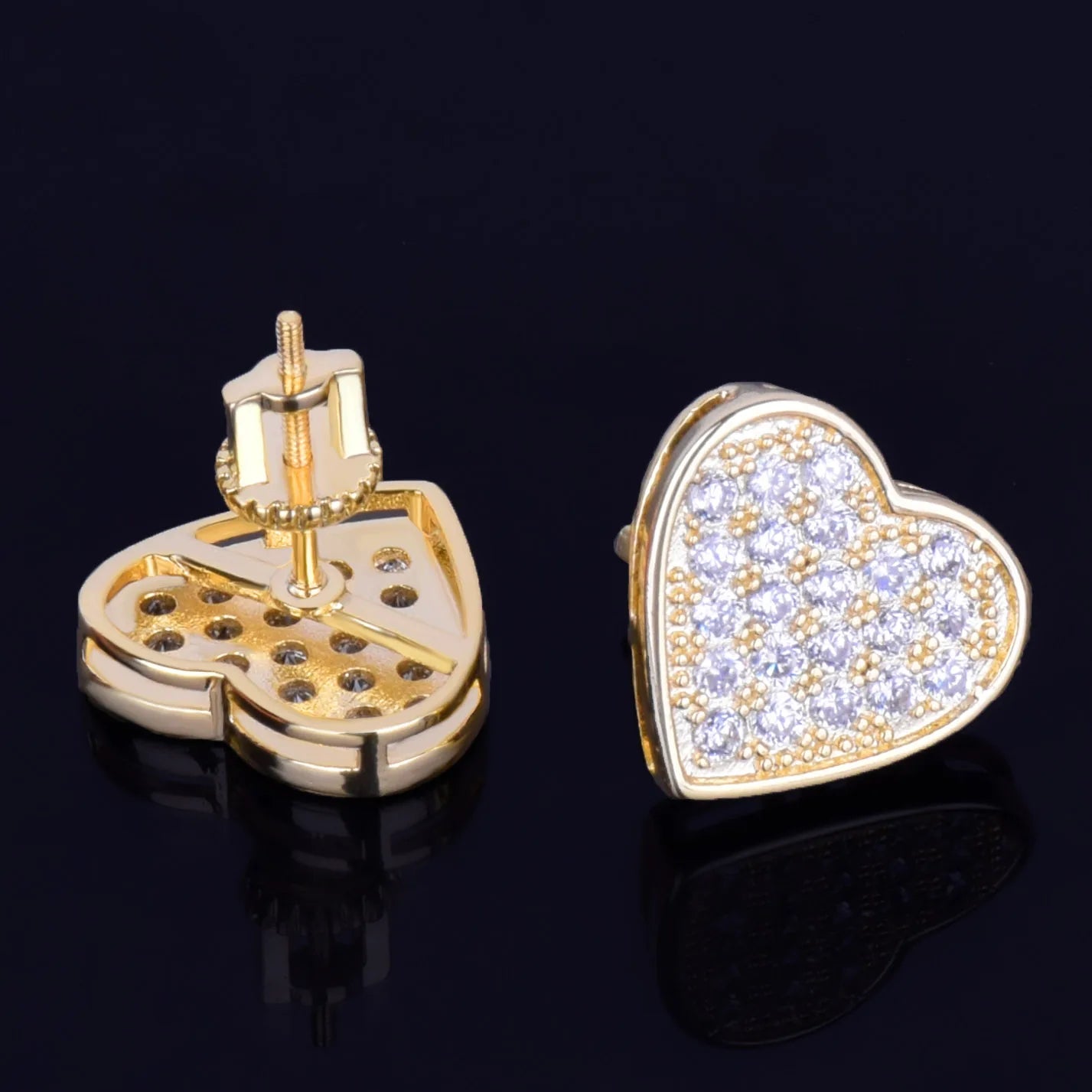 14MM Width Heart-shaped Gold Color Stud Earring For Men Women Full Cubic Zircon Screw Back Earrings Fashion Hip Hop Jewelry Gift