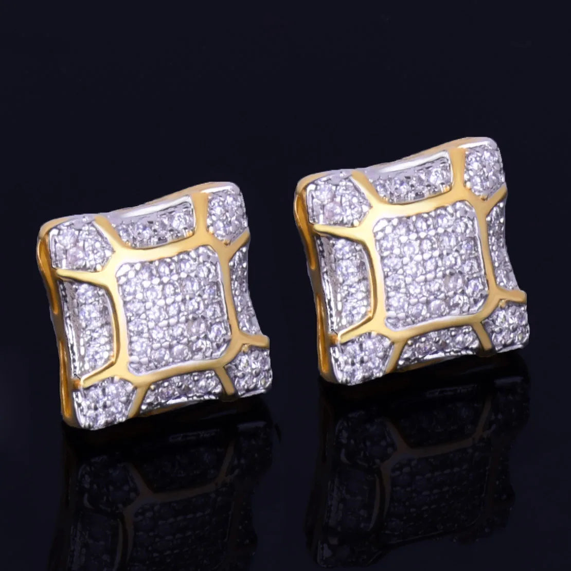 11MM Width Gold Color Square Men's Stud Earring Charm Full Cubic Zircon Screw Back Women Earrings Fashion Hip Hop Jewelry