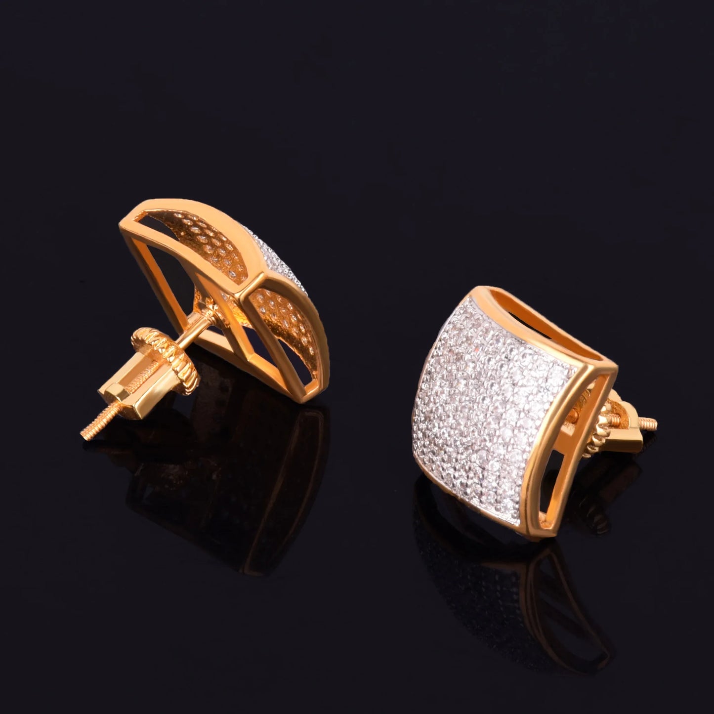 12MM Square Men Women Stud Earring Gold Color Iced Cubic Zircon Screw Back Earrings Hip Hop Jewelry