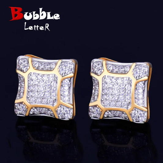 11MM Width Gold Color Square Men's Stud Earring Charm Full Cubic Zircon Screw Back Women Earrings Fashion Hip Hop Jewelry