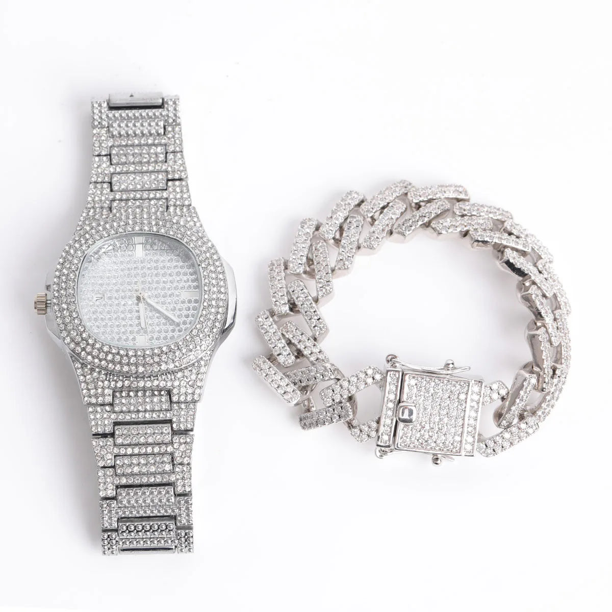 Bubble Letter Brass CZ Stones White Gold Plated Hip Hop Jewelry Set (Necklace+Bracelet+Watch+Pendant)