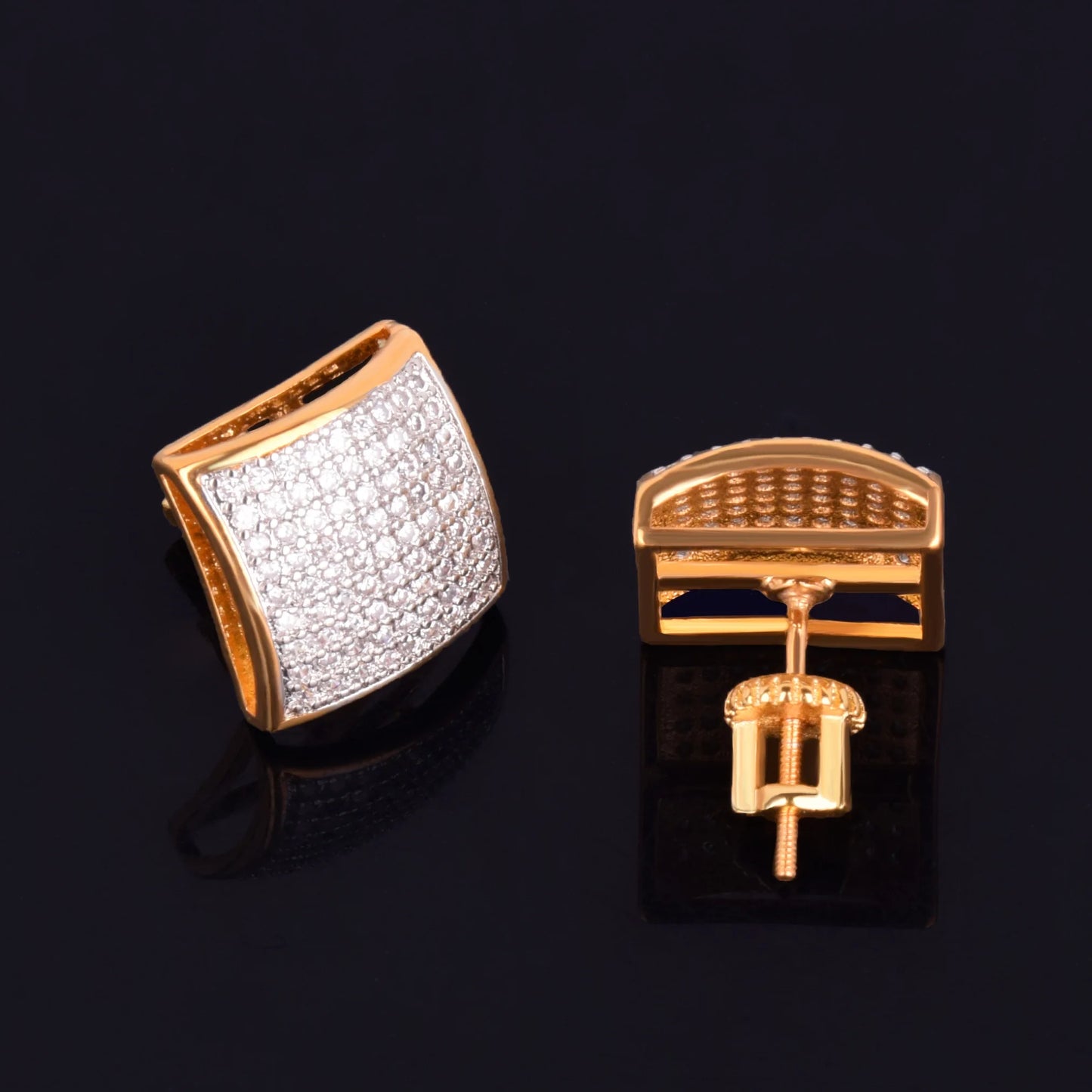 12MM Square Men Women Stud Earring Gold Color Iced Cubic Zircon Screw Back Earrings Hip Hop Jewelry