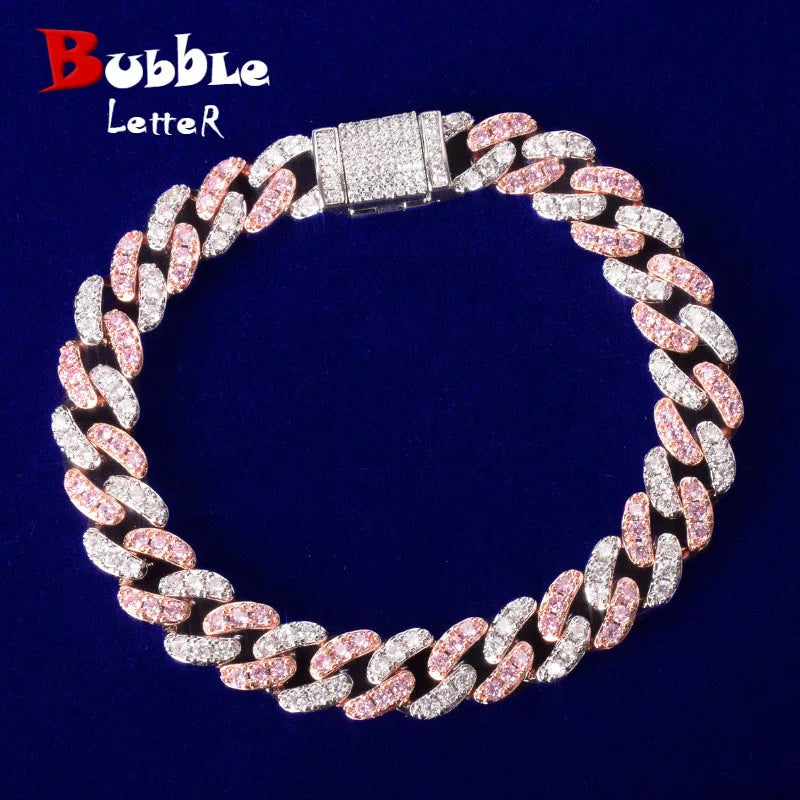 10mm Pink Miami Cuban Link Bracelet Bling Women Jewelry AAAA Zircon Charm Hip Hop Chain