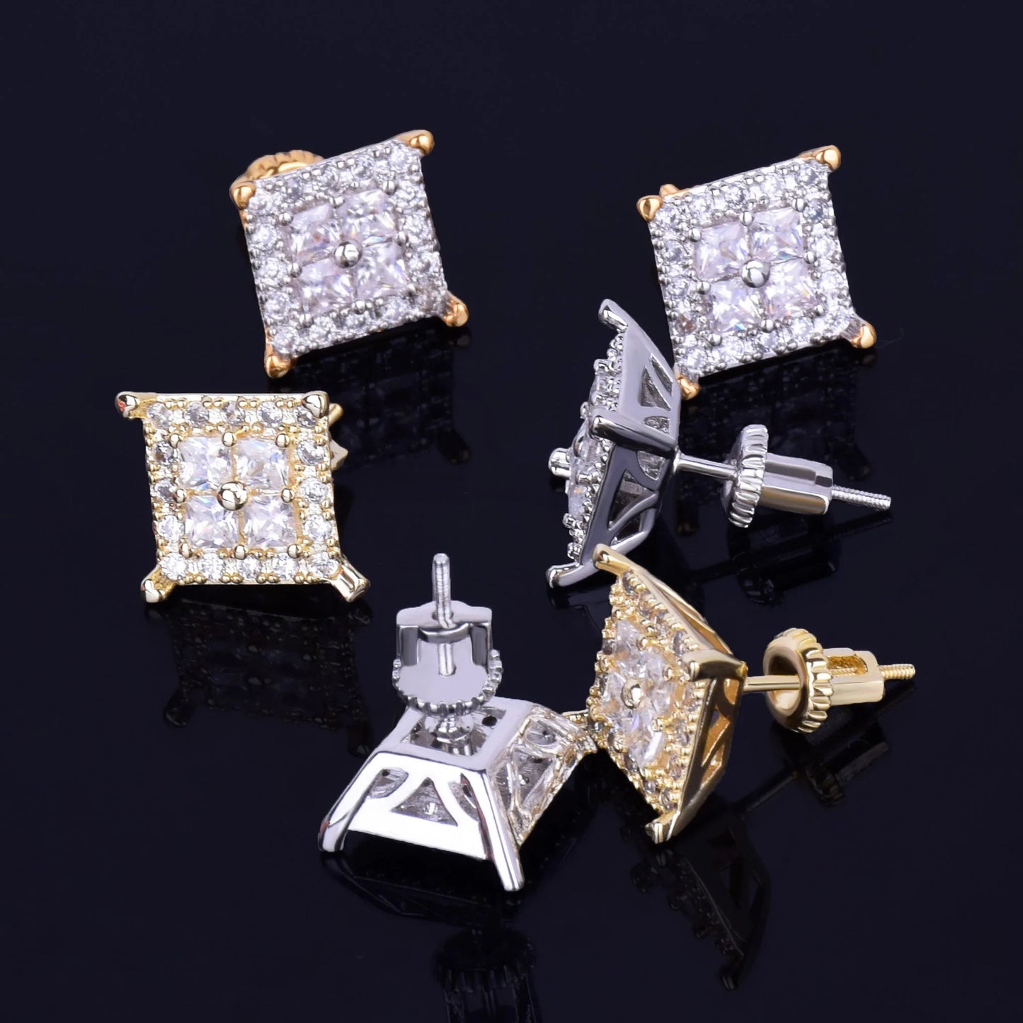 12MM Square Baguette Zircon Stud Earring Silver Color Charm Screw Back Women Men's Earrings Fashion Hip Hop Jewelry