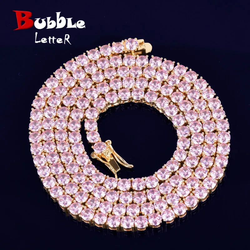 Bubble Letter Pink Tennis Chain for Men Necklace Hip Hop Jewelry Real Copper Material Choker Charms 2021 Trend