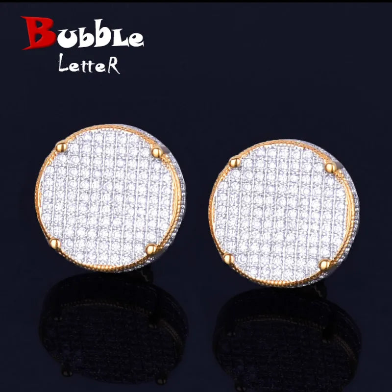 14MM Gold Color Big Round Stud Earring AAAA Cubic Zircon Screw Back Men's Earrings Fashion Hip Hop Jewelry