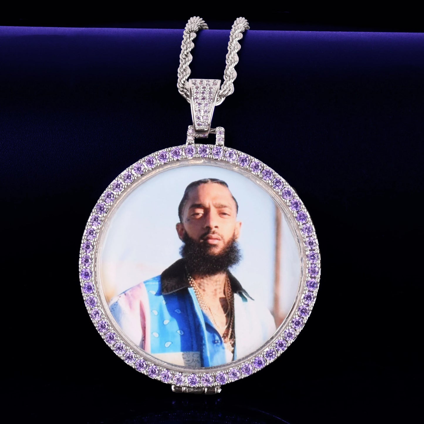 Bubble Letter Men Necklace Custom Photo Chain Picture Personalized Pendant Purple Stones Real Gold Plated Hip Hop Jewelry