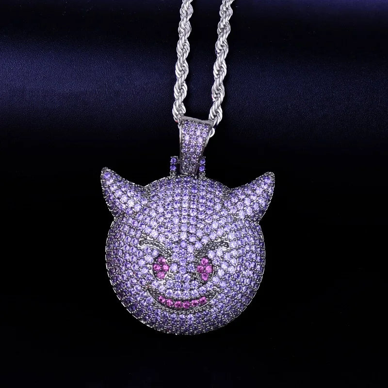 Purple Color Demon Evil Expression Necklace & Pendant Bling Zircon Fashion Hip Hop Rock Street Jewelry