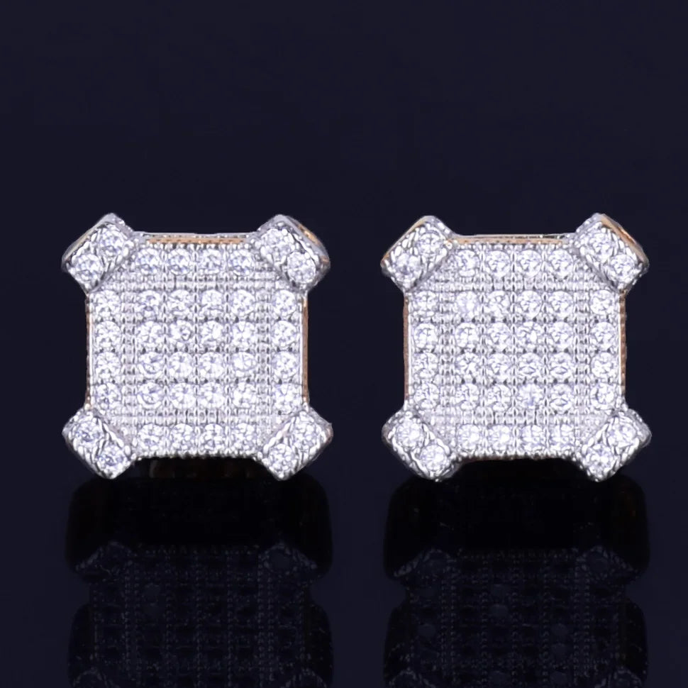 10MM Square Stud Earring Gold Color Charm Screw Back Full AAAA Zircon Women Men's Fashion Earrings Hip Hop Jewelry