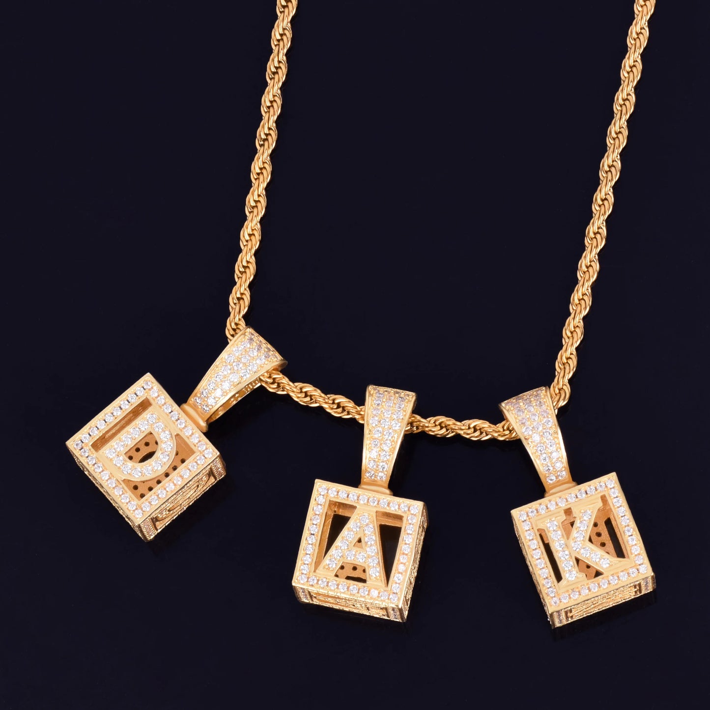 A-Z Single Stereoscopic Square Letter Pendant Necklace Chain Gold Color Cubic Zircon Men Women Hip Hop Jewelry