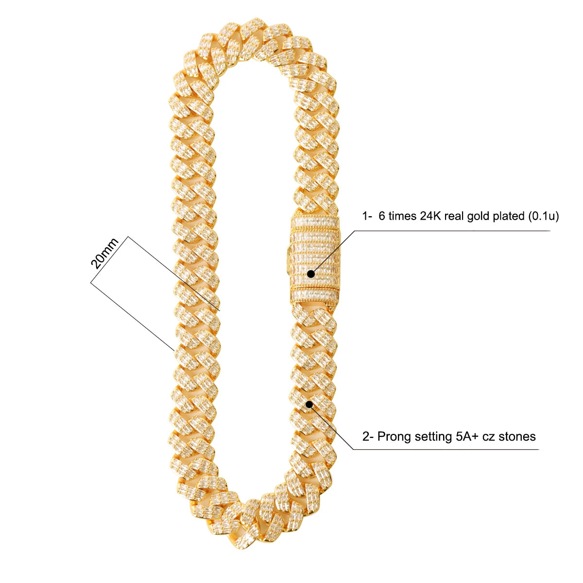 Bubble Letter Cuban Link Chain Men Necklace Real Gold Plated Baguette Hip Hop Jewelry Christmas Gift