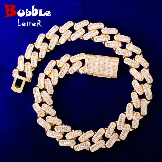 Bubble Letter Miami Cuban Link Chain for Men Necklace Real Gold Plated Hip Hop Jewelry Baguette Charms Free Shipping Items