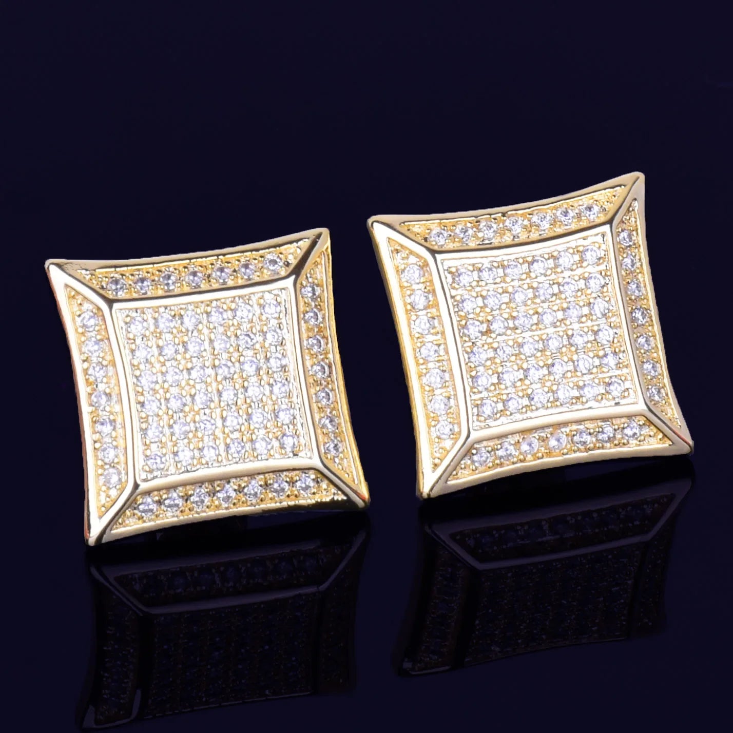 15MM Big Square Men Stud Earring Gold Color Full Cubic Zircon Screw Back Earrings Hip Hop Jewelry for Women