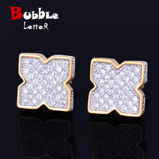 9MM Flower shape Men's Women Stud Earring Gold Color Charm Full Cubic Zircon Screw Back Earrings Fashion Hip Hop Jewelry