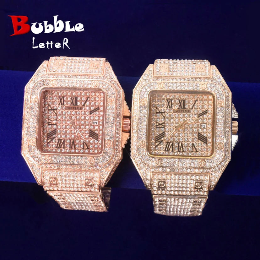 Bubble Letter Proud Watch for Men Big Dial Military Quartz Clock Luxury Rhinestone Hip Hop Jewelry Relogio Masculio